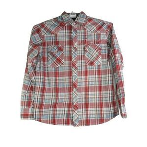 NOTW Christian Embroidered Button Up Shirt Men's Size Small Red Blue Plaid Long
